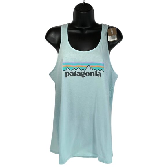 Patagonia Tops - PATAGONIA Tank Top Sz M Blue Logo Graphic Print Organic Cotton Racerback Tank